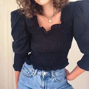Topshop Black Shirred Long Sleeve Top